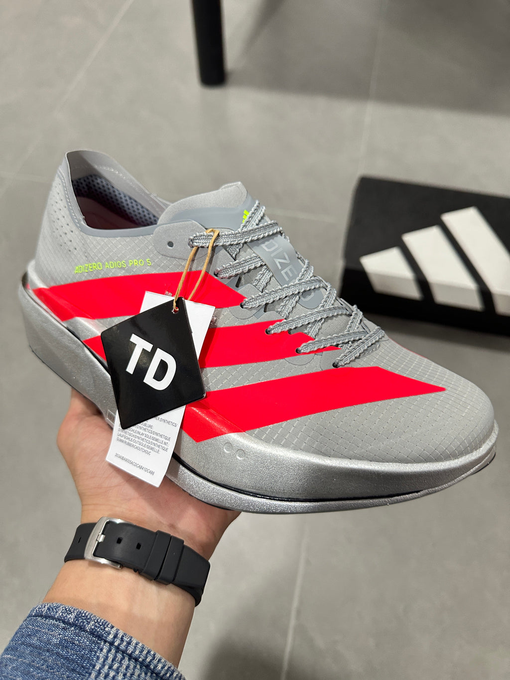 adidas Adizero Adios Pro 5 Running Shoes in Grey Red - product image from the listing.
