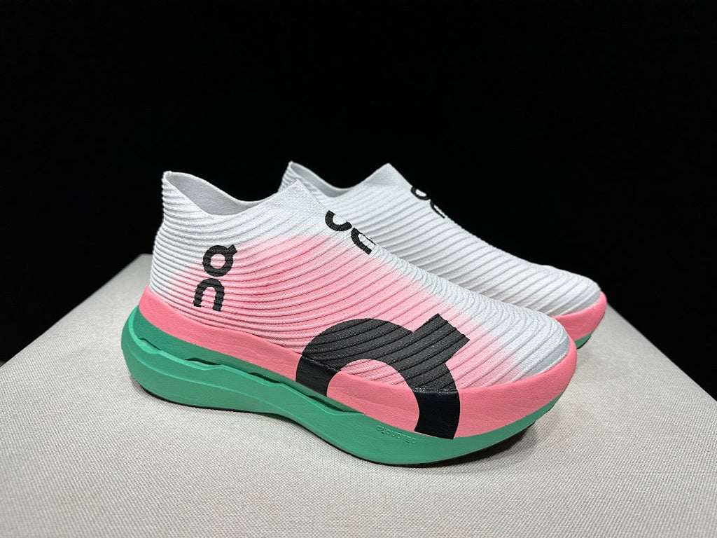 On Cloudboom Strike LS Running Shoes, in White Pink Green - product image from the listing.