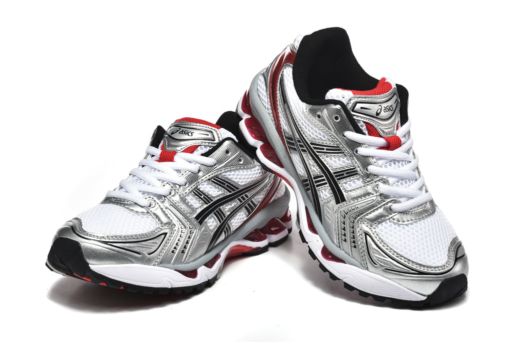 ASICS Gel-Kayano 14 Sneakers in Silver White Red - product image from the listing.