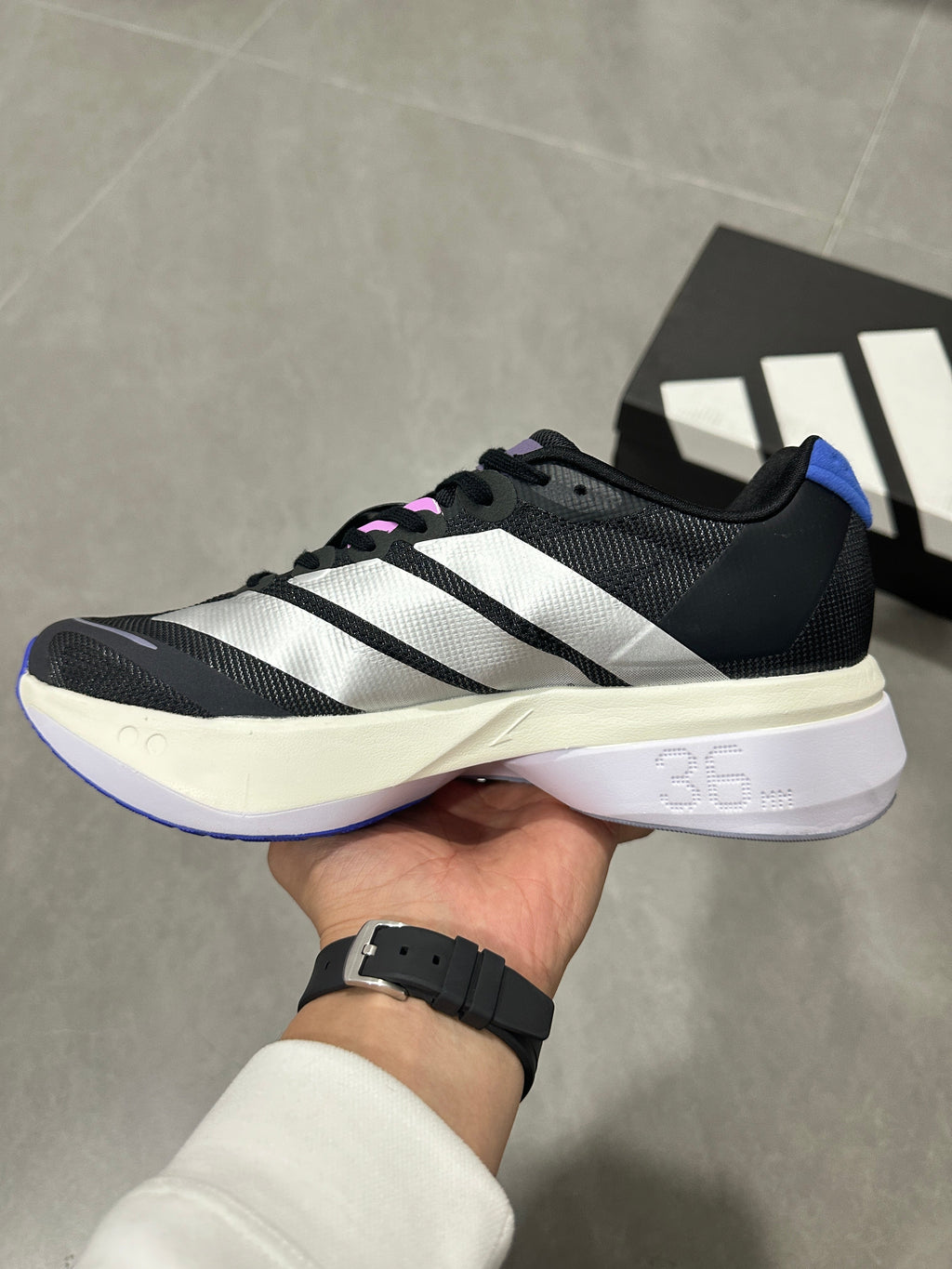 adidas Adizero Boston 13 Running Shoes in Black White Purple - product image from the listing.