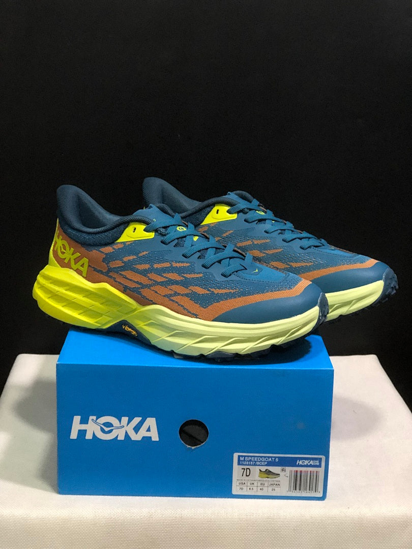 HOKA Speedgoat 6 Trail Running Shoes in Blue Yellow - product image from the listing.