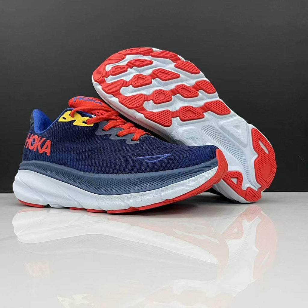 HOKA Clifton 9 Running Shoes in Navy, in Red and Yellow - product image from the listing.