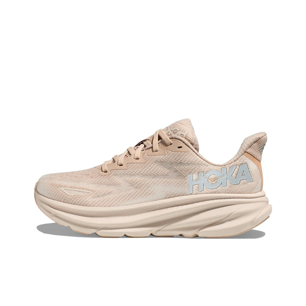Beige and Tan HOKA Clifton 9 Running Shoes - product image from the listing.