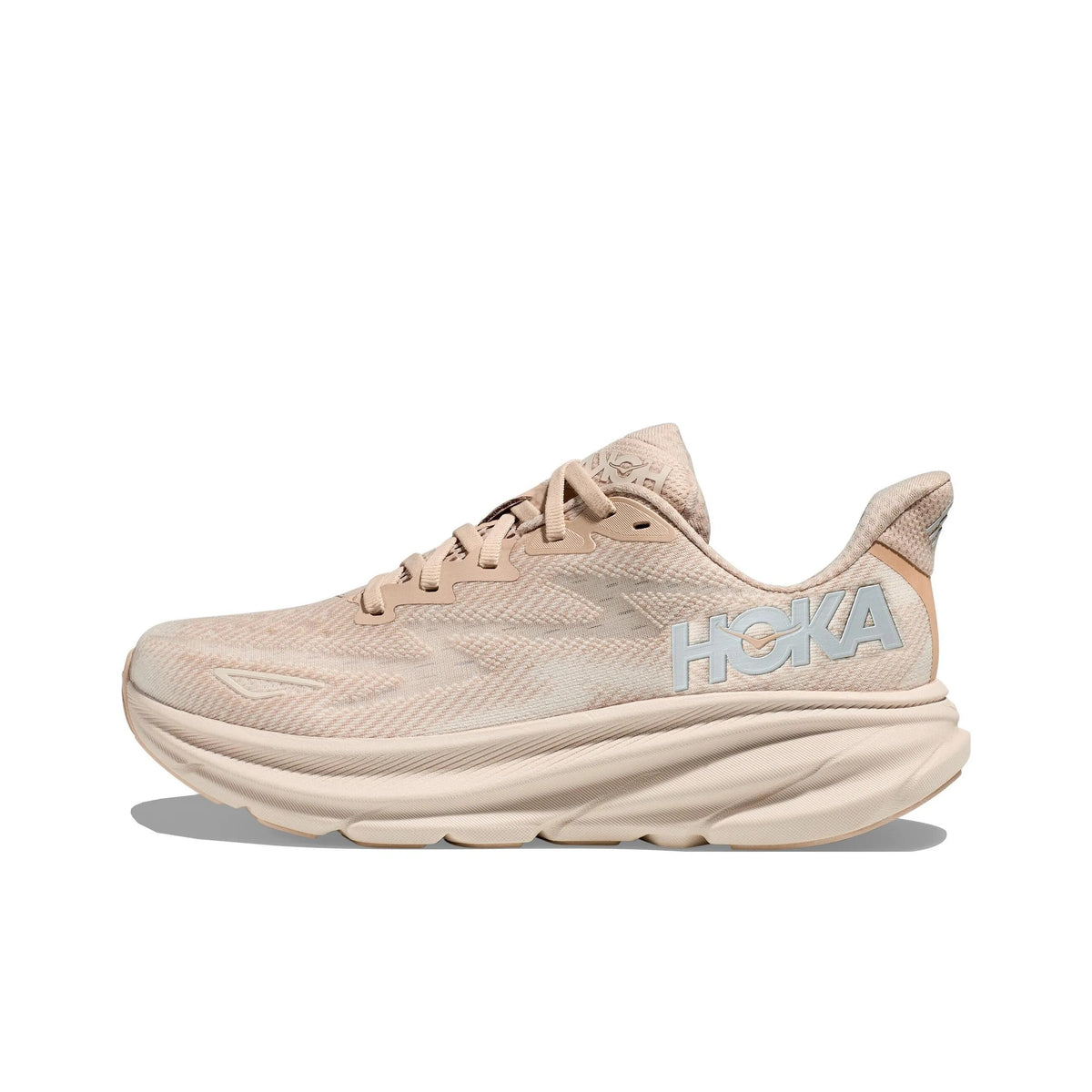 Beige and Tan HOKA Clifton 9 Running Shoes - product image from the listing.