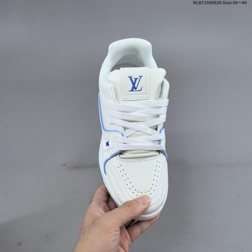 Louis Vuitton White Low-Cut Sneakers with Blue Accents - product image from the listing.