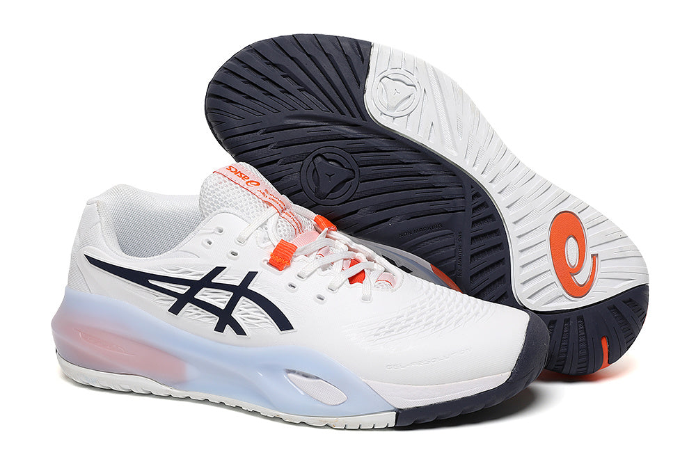 ASICS White and Orange Court Trainers - product image from the listing.