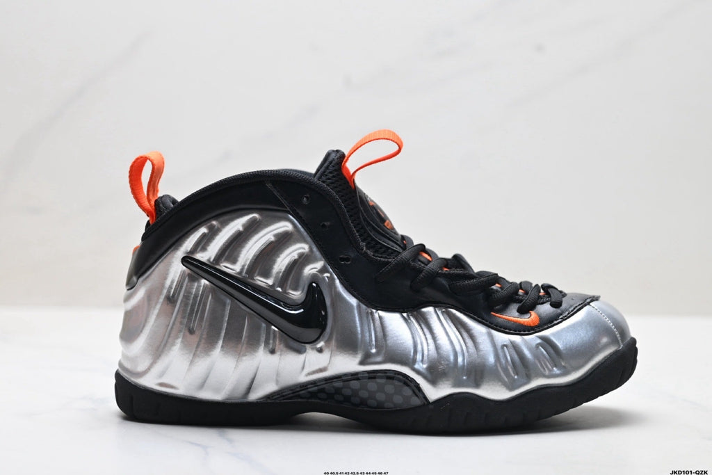Nike Air Foamposite Max Sneakers in Black Silver Orange - product image from the listing.
