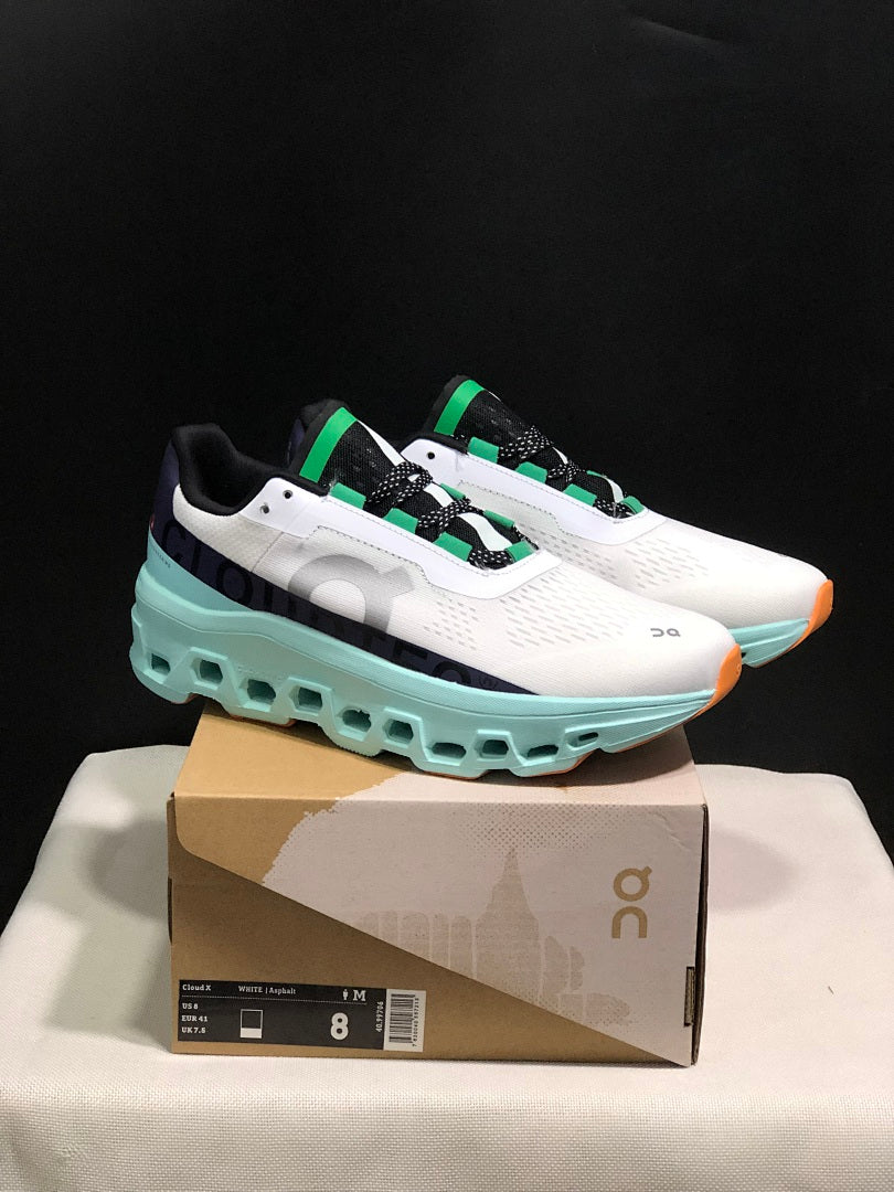 White and Aqua On Cloudmonster Running Shoes - product image from the listing.