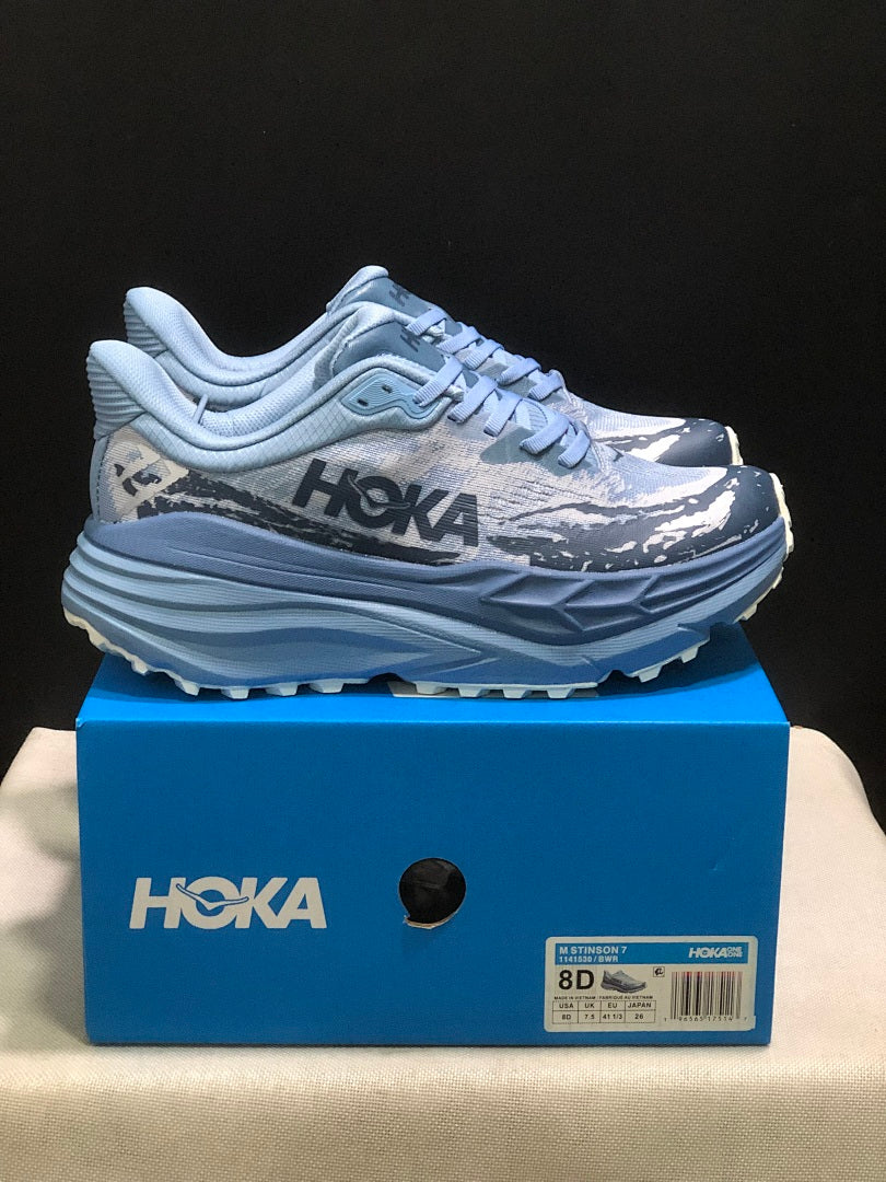 HOKA Stinson 7 Trail Shoes for Running, Blue Pattern - product image from the listing.