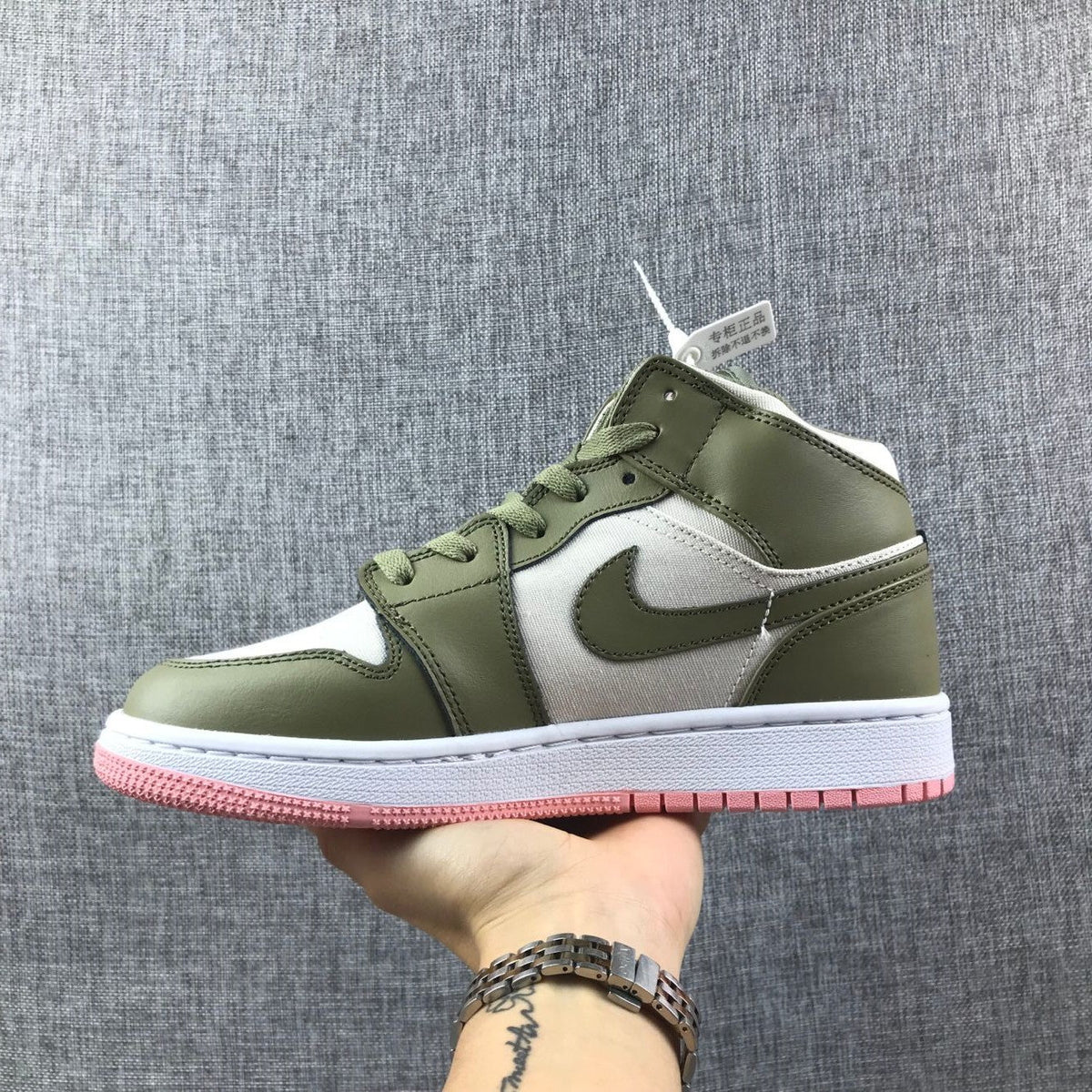 Air Jordan 1 High Sneakers in Olive Green White Pink - product image from the listing.