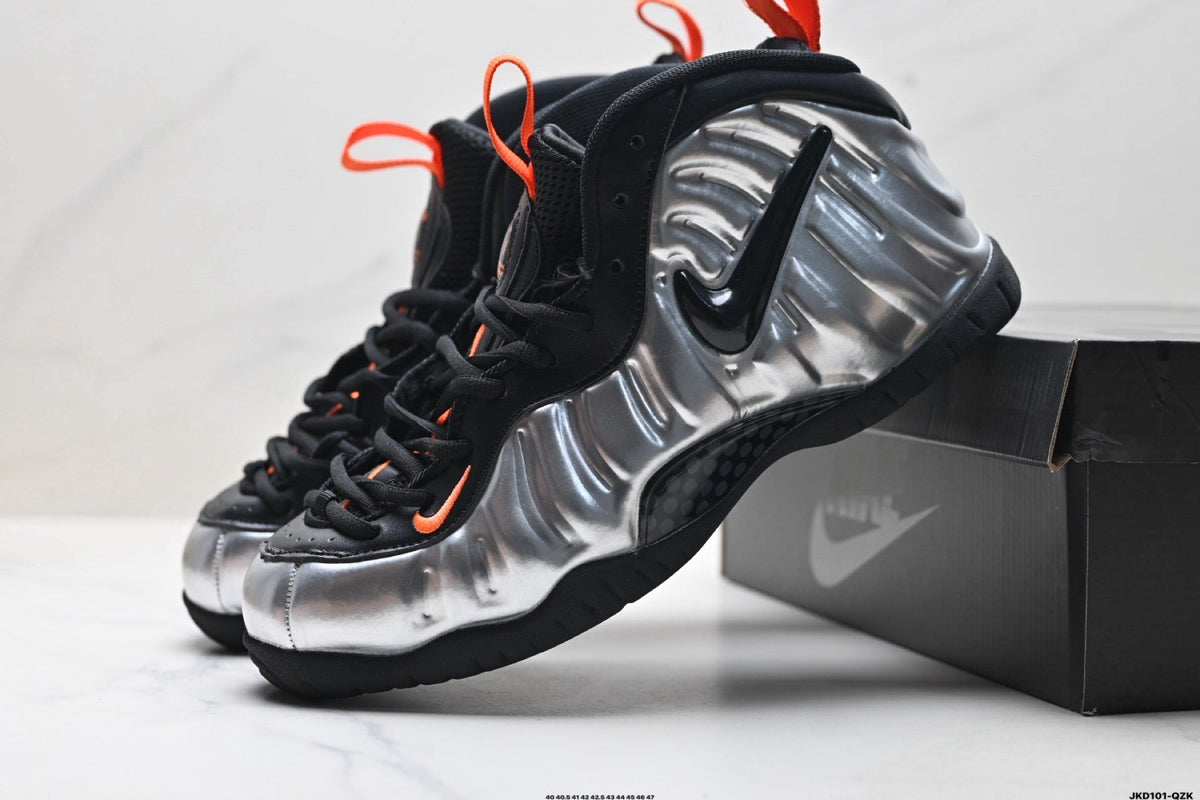 Nike Air Foamposite Max Sneakers in Black Silver Orange - product image from the listing.