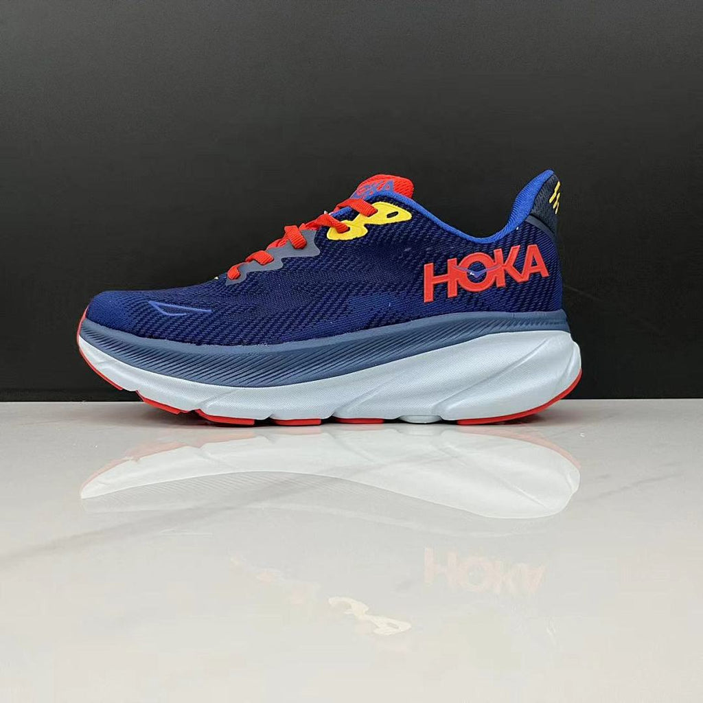 HOKA Clifton 9 Running Shoes in Navy, in Red and Yellow - product image from the listing.