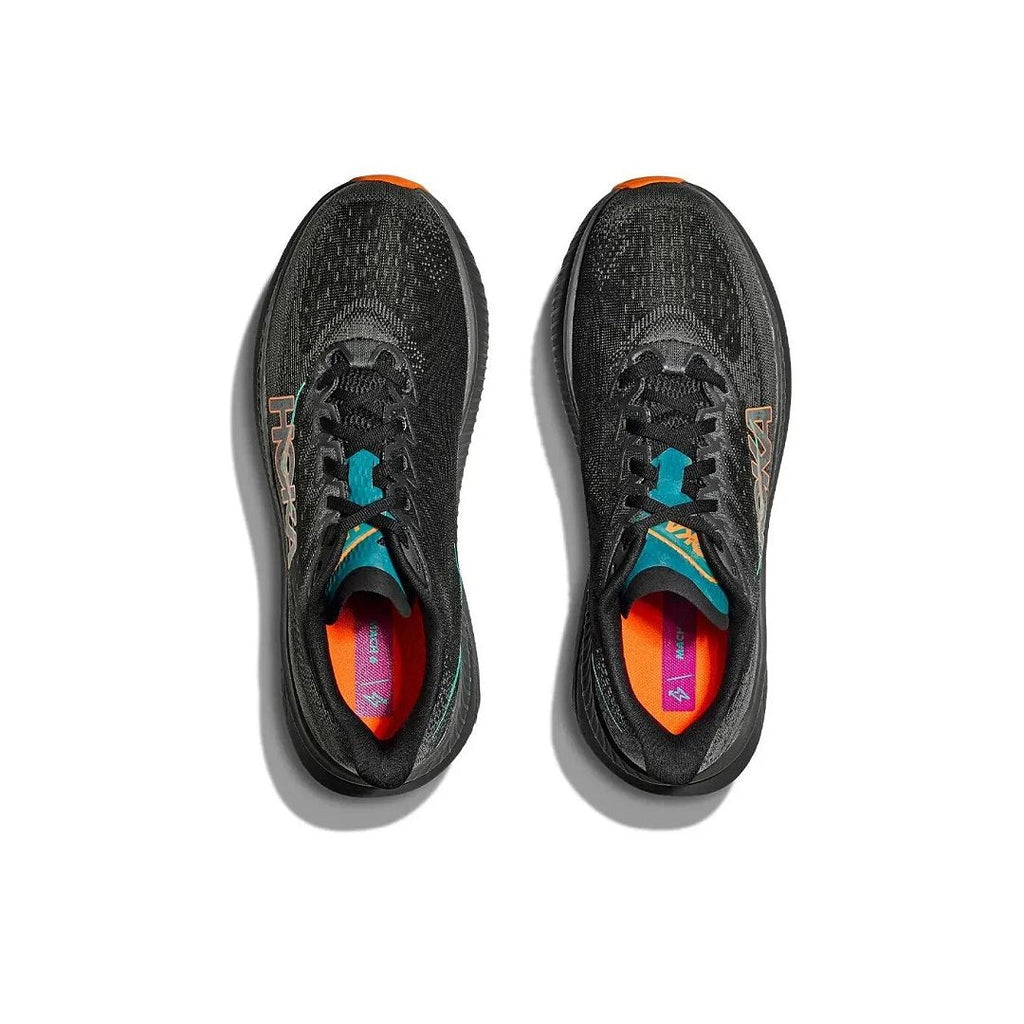 HOKA Mach 6 Running Shoes, Black with in Teal and Orange - product image from the listing.
