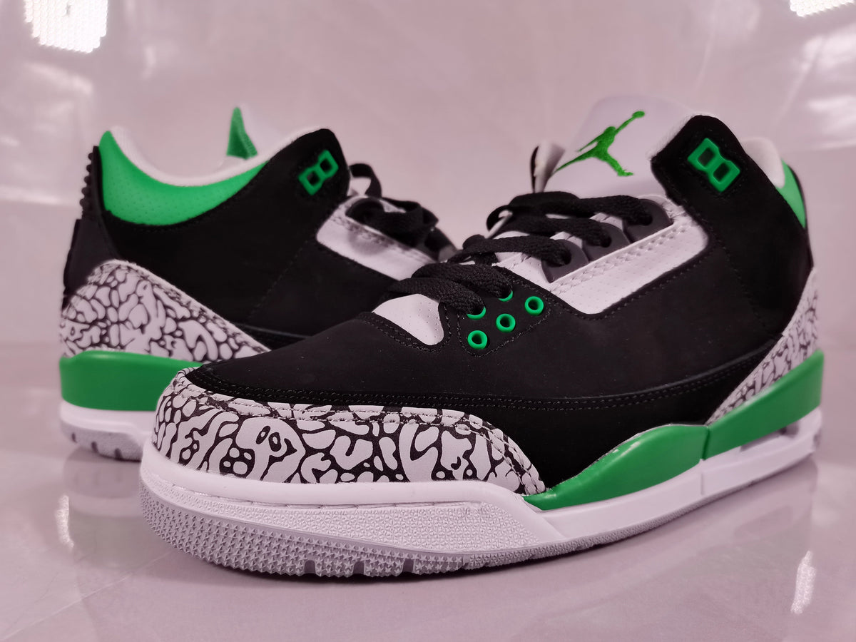 Air Jordan 3 Black Green Elephant Print Sneakers - product image from the listing.
