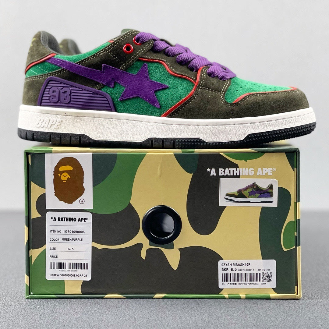 BAPE SK8 Sta Sneakers in Green and Purple - product image from the listing.