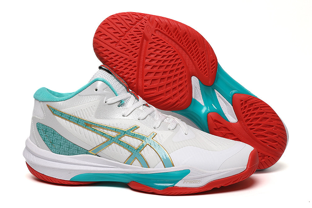 ASICS White and Aqua Indoor Court Trainers - product image from the listing.
