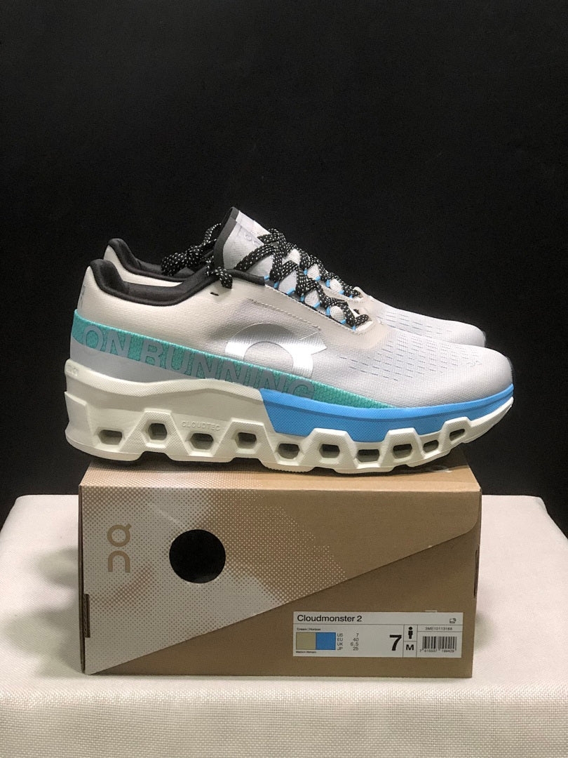 White and Blue On Cloudmonster 2 Running Shoes - product image from the listing.