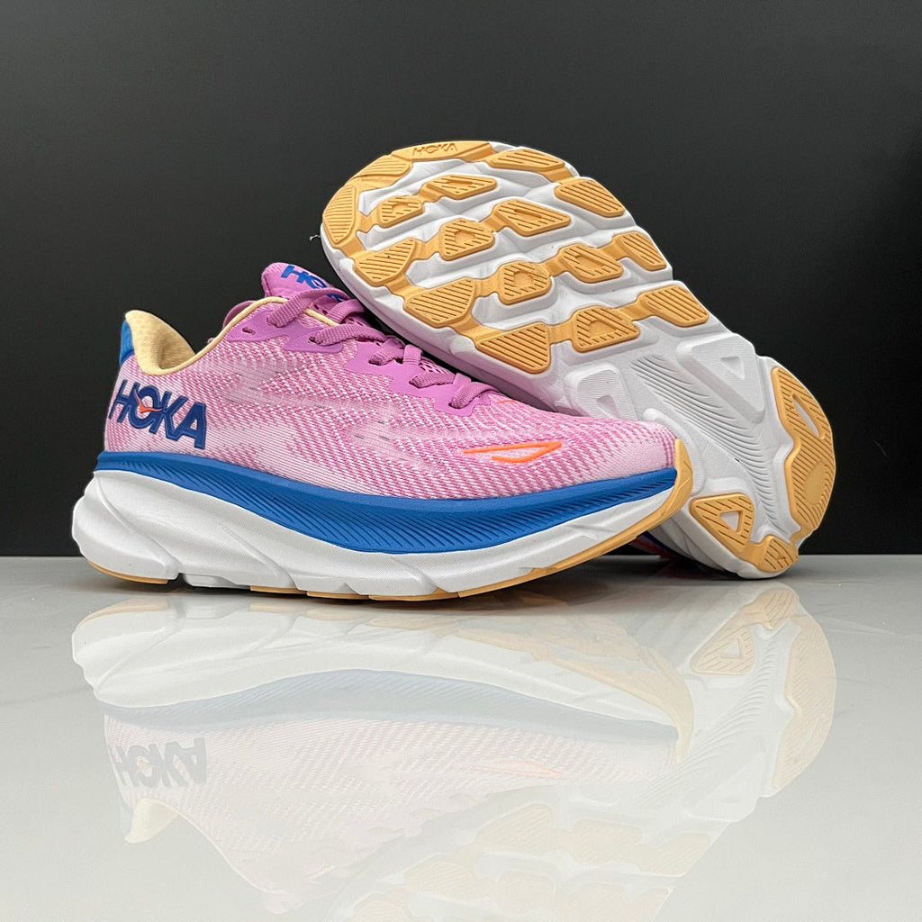 HOKA Clifton 9 Running Shoes, in Pink and Blue - product image from the listing.