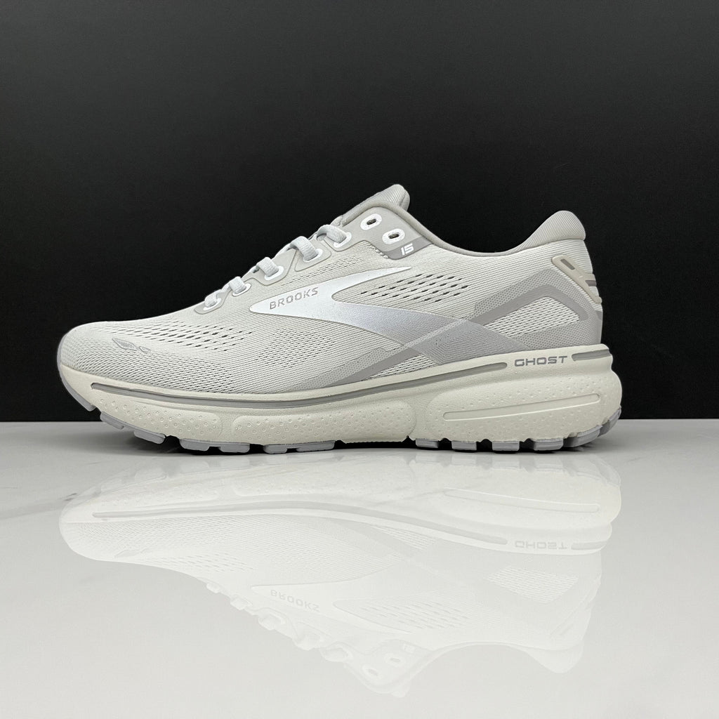 White and Grey Brooks Ghost 15 Running Shoes - product image from the listing.