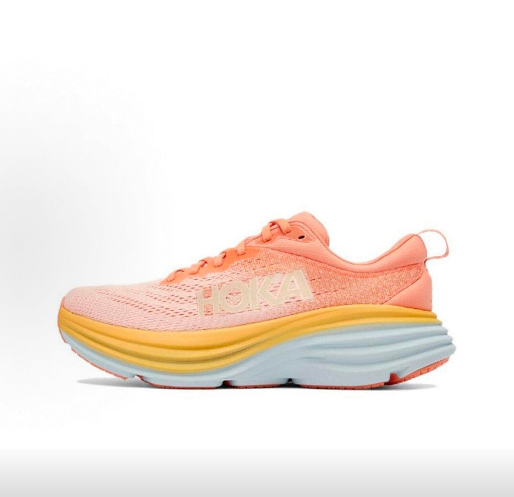 Pink and Orange HOKA Bondi 8 Running Sneakers - product image from the listing.