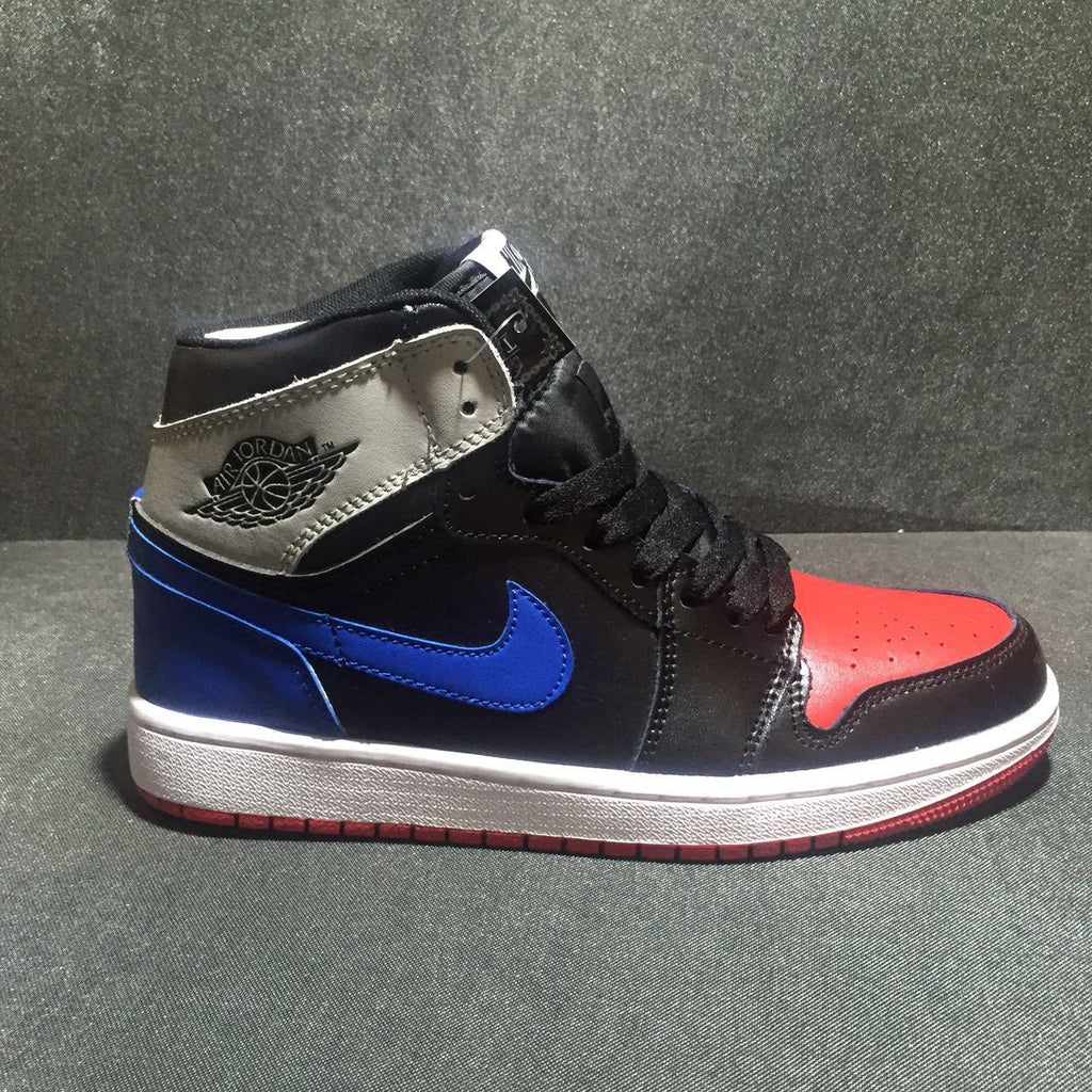 Jordan 1 High Three-Color Sneaker in Black, in Blue and Red - product image from the listing.