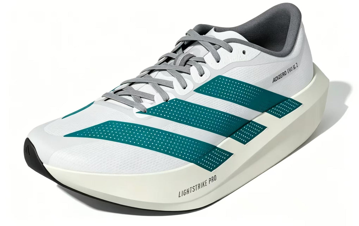 Adizero EVO SL 2 Running Shoes in White Grey Green - product image from the listing.