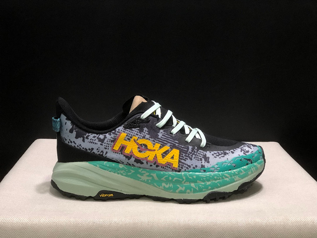HOKA Speedgoat 6 Trail Running Shoes, in Gray and Teal - product image from the listing.