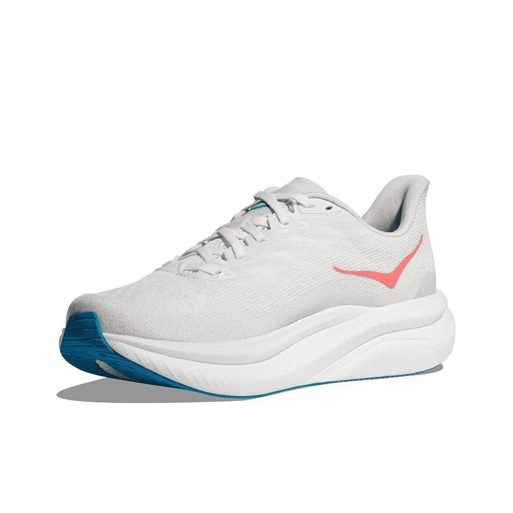 HOKA Mach 6 Running Shoes, White with in Coral and Blue - product image from the listing.