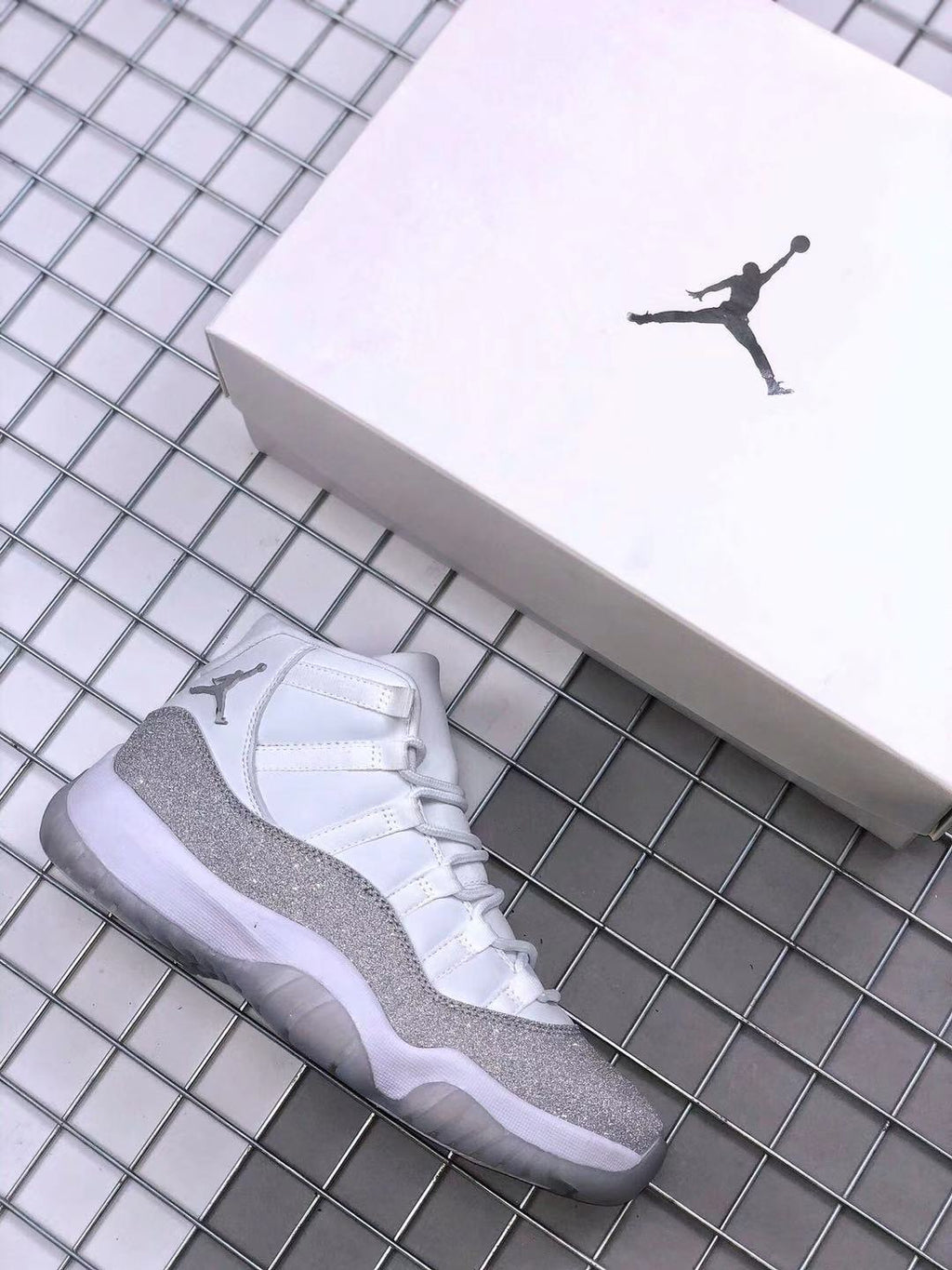 Air Jordan 11 White Glitter High-Top Sneakers - product image from the listing.