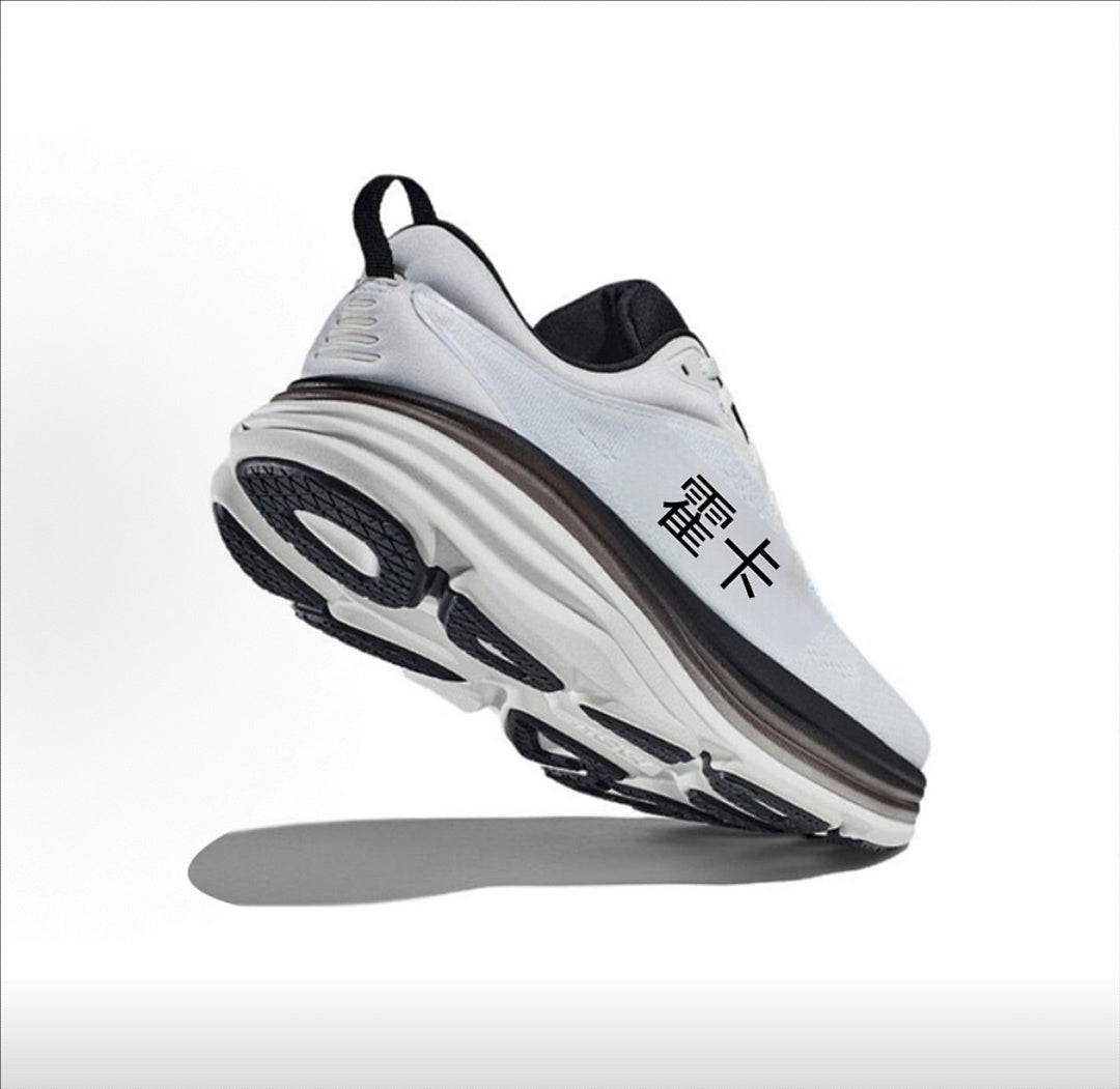 HOKA Bondi 8 Running Shoes in White and Black - product image from the listing.