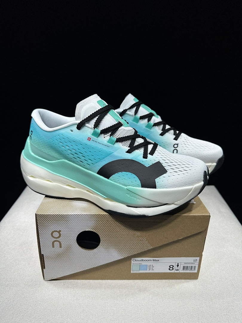 On Cloudboom Max Running Shoes, in White and Light Blue - product image from the listing.