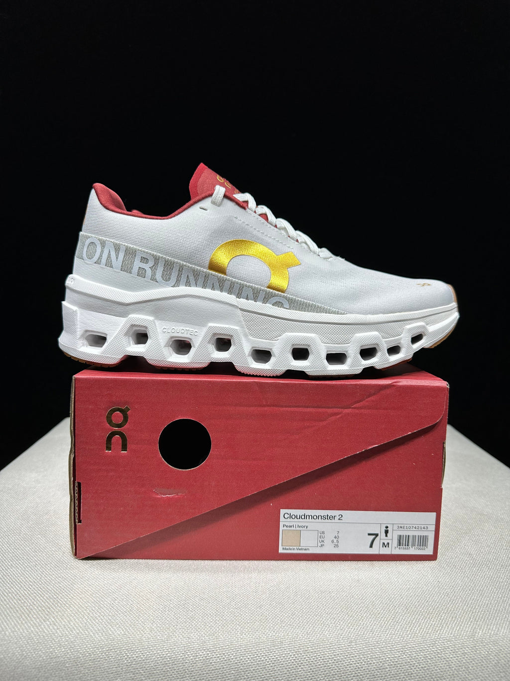 On Cloudmonster 2 Running Shoes in Pearl Ivory Gold - product image from the listing.