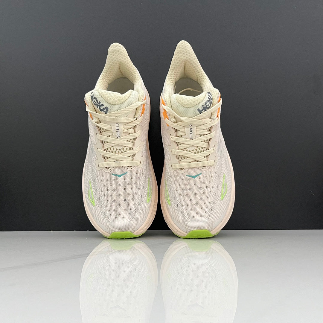 Cream and Green HOKA Clifton 9 Running Shoes - product image from the listing.