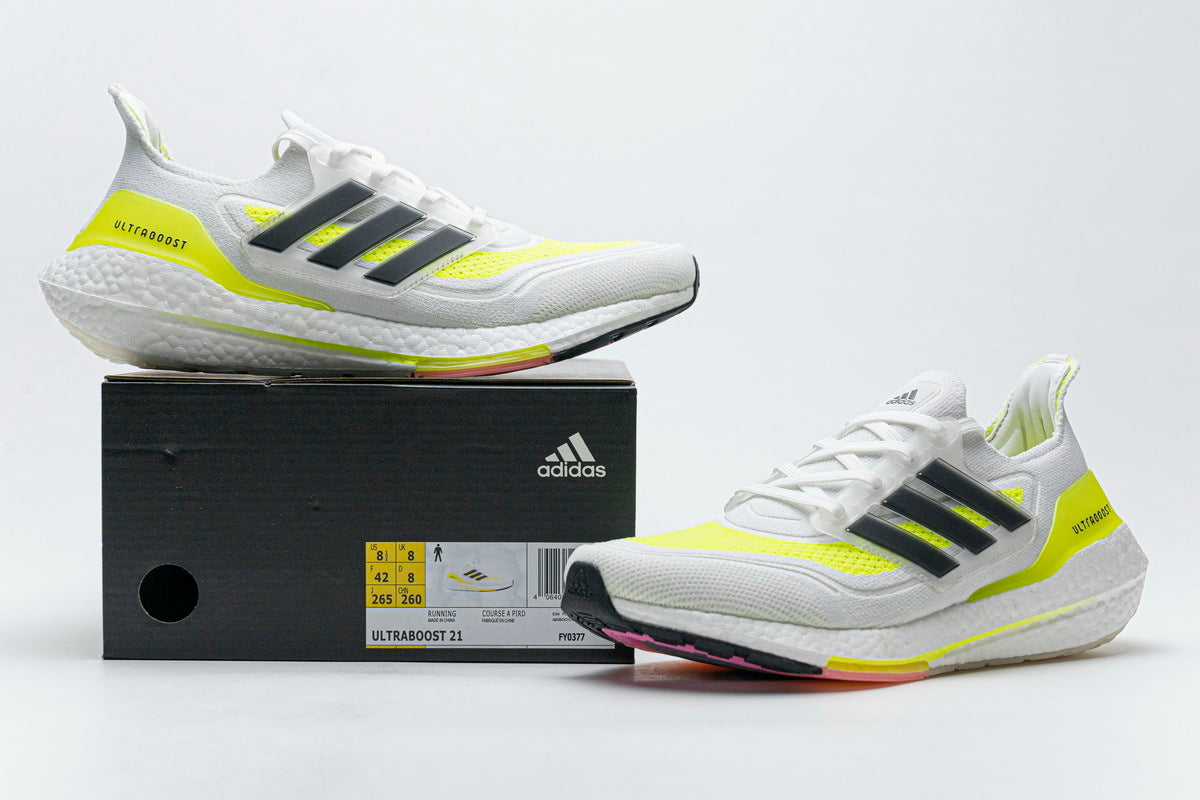 Adidas Ultraboost 21 Running Shoes FY0377 in White Yellow - product image from the listing.