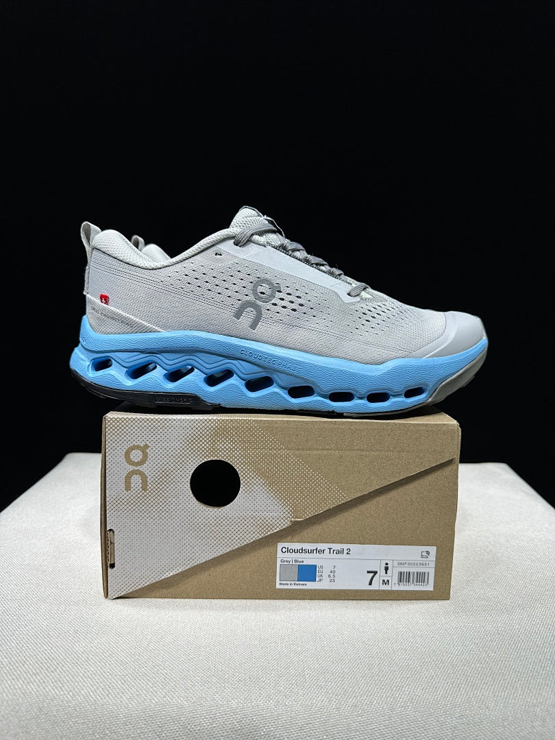 On Cloudsurfer Trail 2 Trail Shoes for Running, Grey/Blue - product image from the listing.