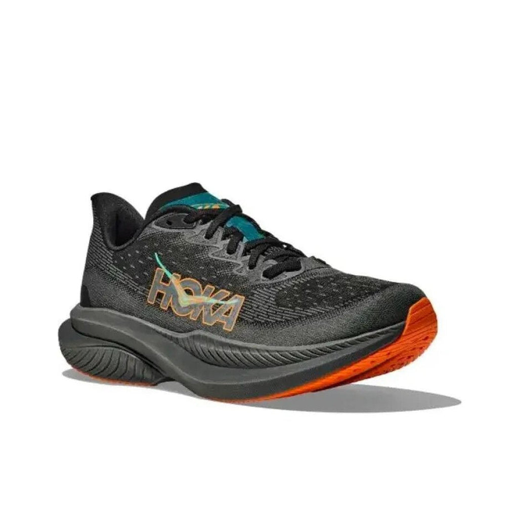 HOKA Mach 6 Running Shoes, Black with in Teal and Orange - product image from the listing.