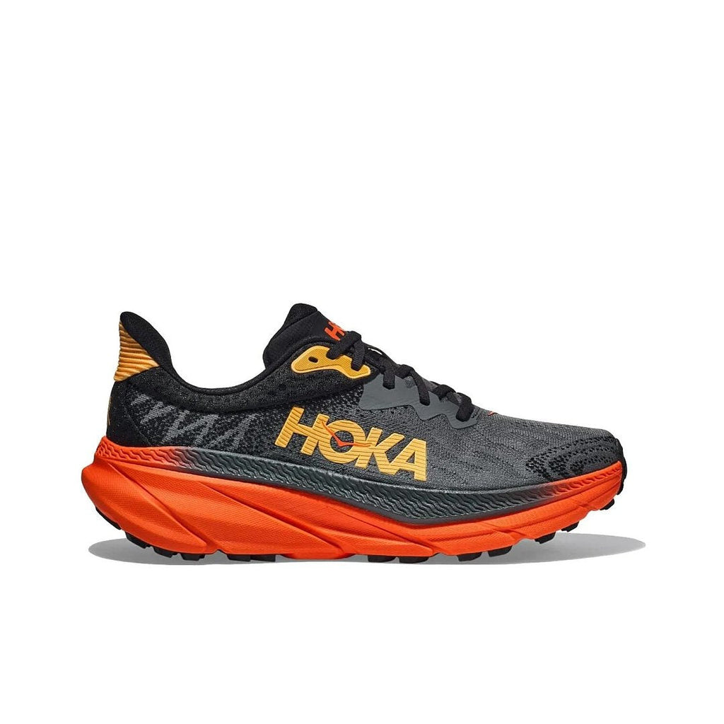 HOKA Challenger 7 Trail Running Shoes in Black and Orange - product image from the listing.