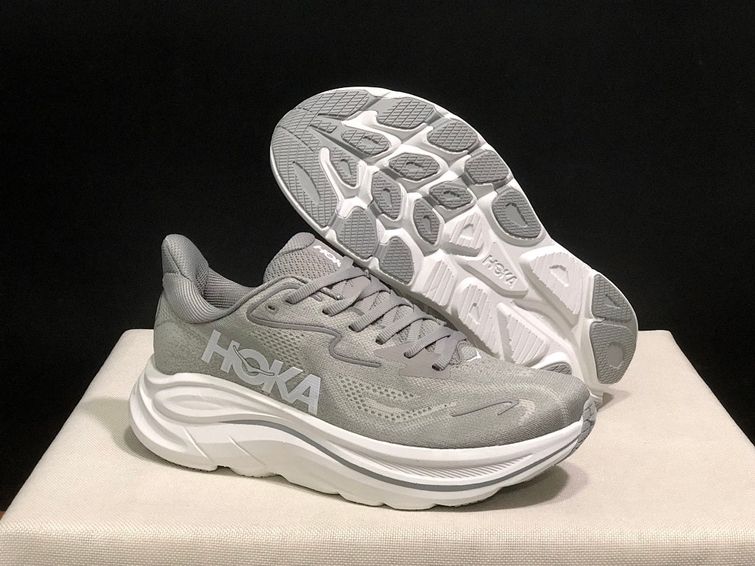 Gray HOKA Clifton 10 Running Shoes - product image from the listing.
