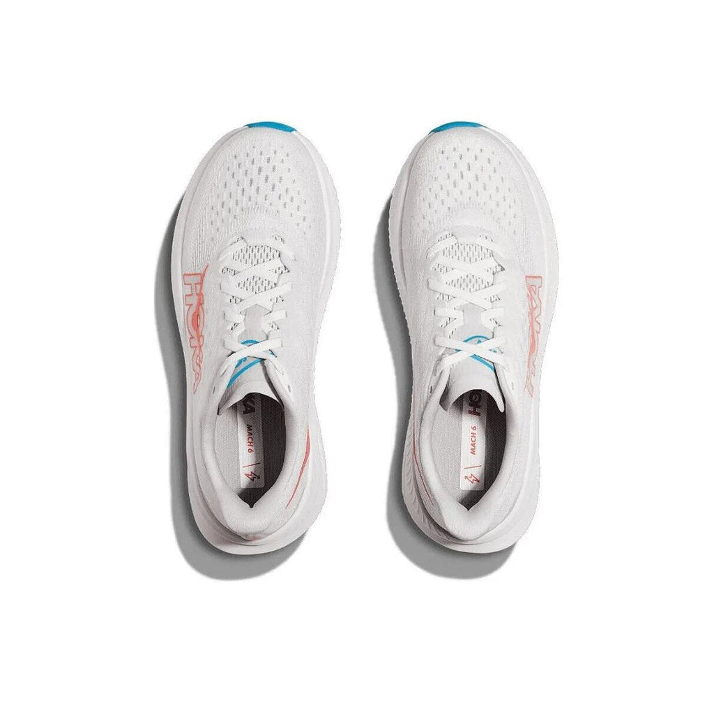 HOKA Mach 6 Running Shoes, White with in Coral and Blue - product image from the listing.