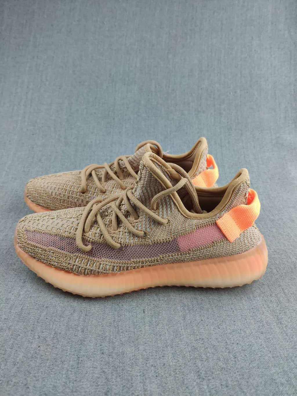 Gray and Coral Yeezy 350 V2 Knit Sneakers - product image from the listing.