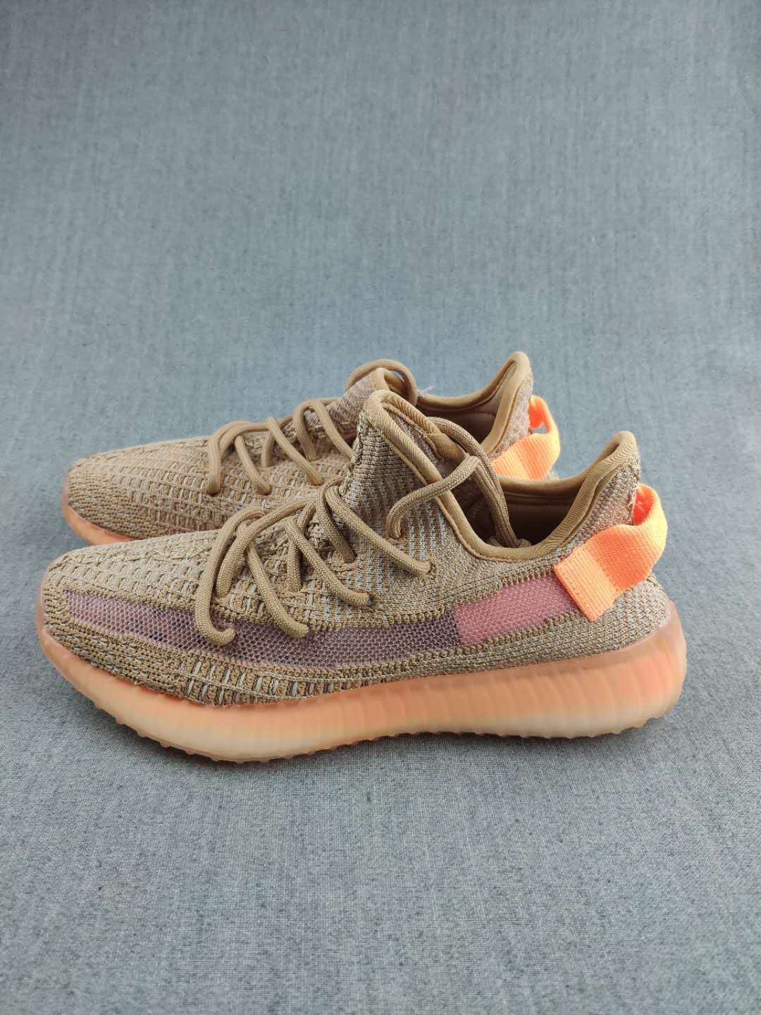 Gray and Coral Yeezy 350 V2 Knit Sneakers - product image from the listing.