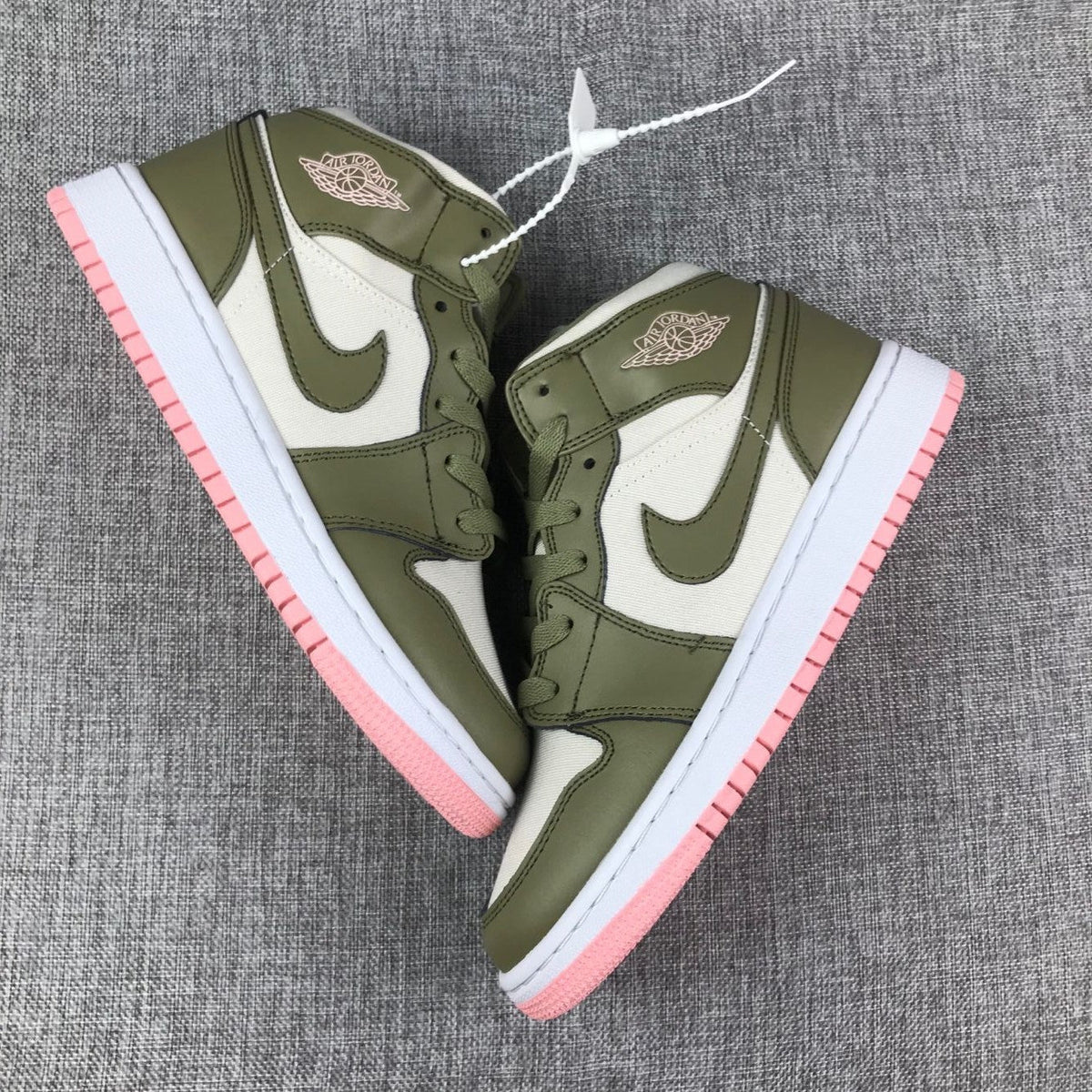 Air Jordan 1 High Sneakers in Olive Green White Pink - product image from the listing.