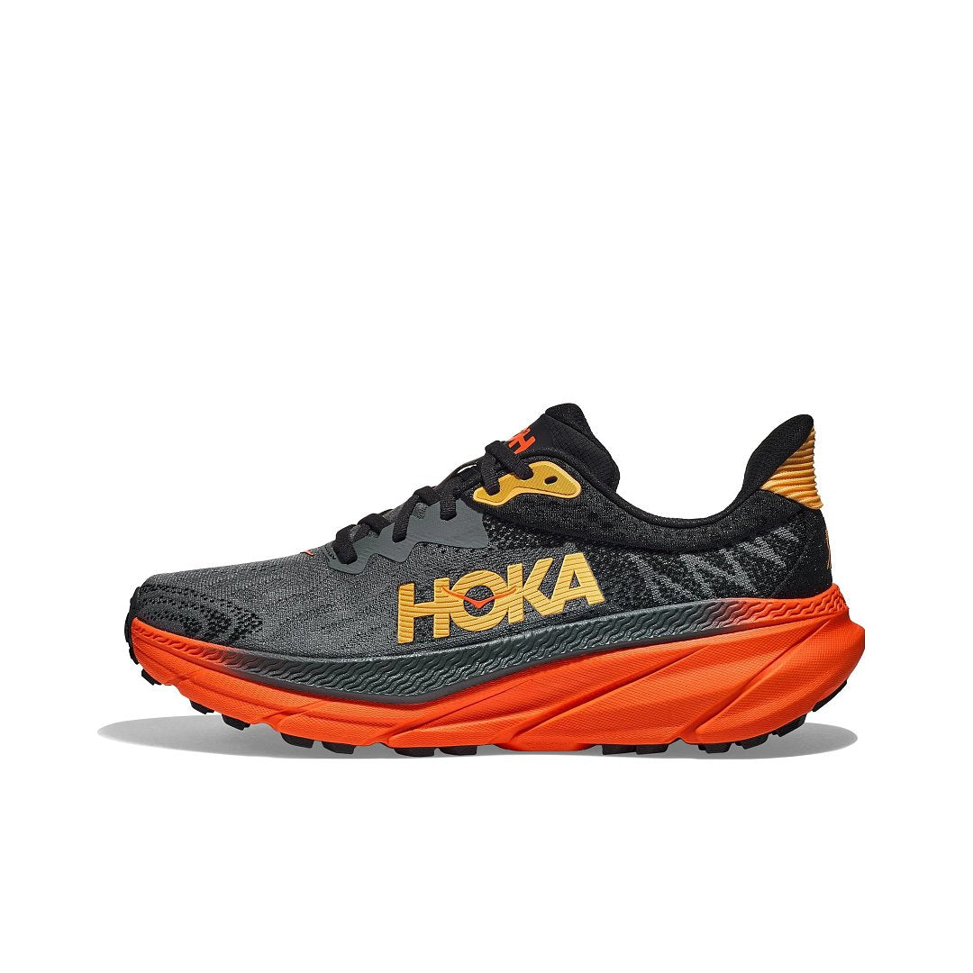 HOKA Challenger 7 Trail Running Shoes in Black and Orange - product image from the listing.