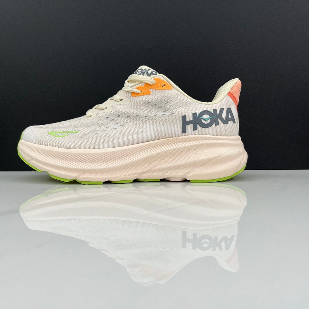 Cream and Green HOKA Clifton 9 Running Shoes - product image from the listing.