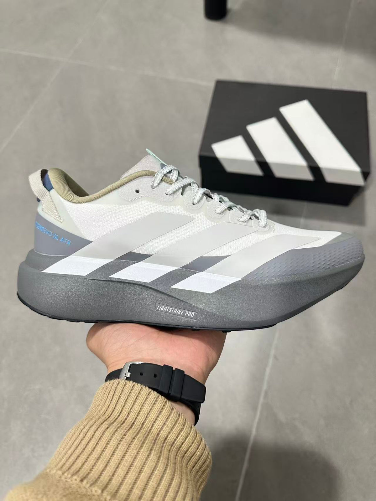 Adidas Adizero Boston Running Shoes in White Gray - product image from the listing.