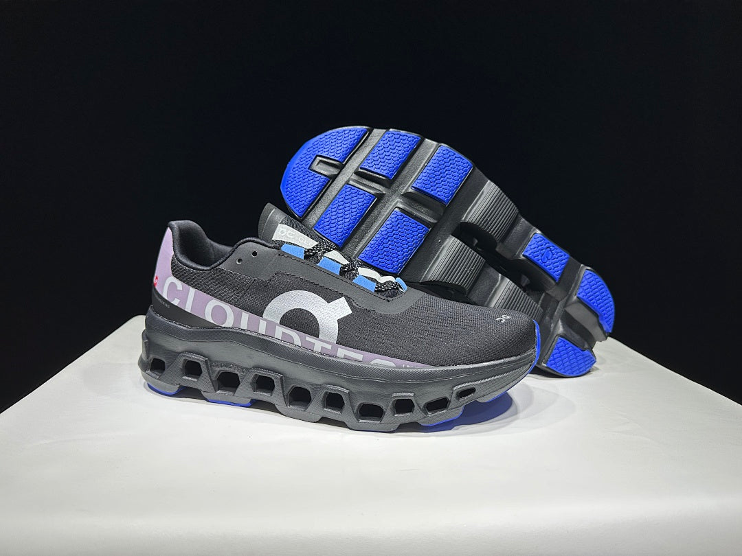 On Cloudmonster Cloud X Sneakers in Black Purple Blue - product image from the listing.