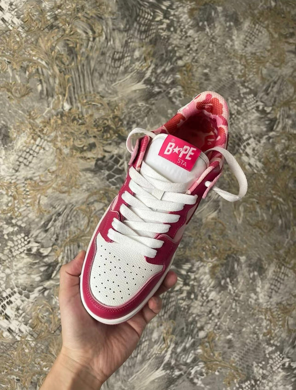 Pink and Burgundy BAPE SK8 STA Sneakers - product image from the listing.