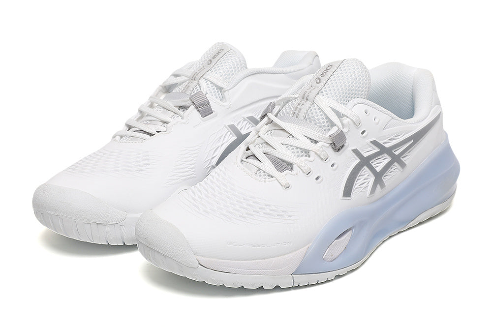 ASICS White and Silver Court Trainers with Pale Blue Midsole - product image from the listing.