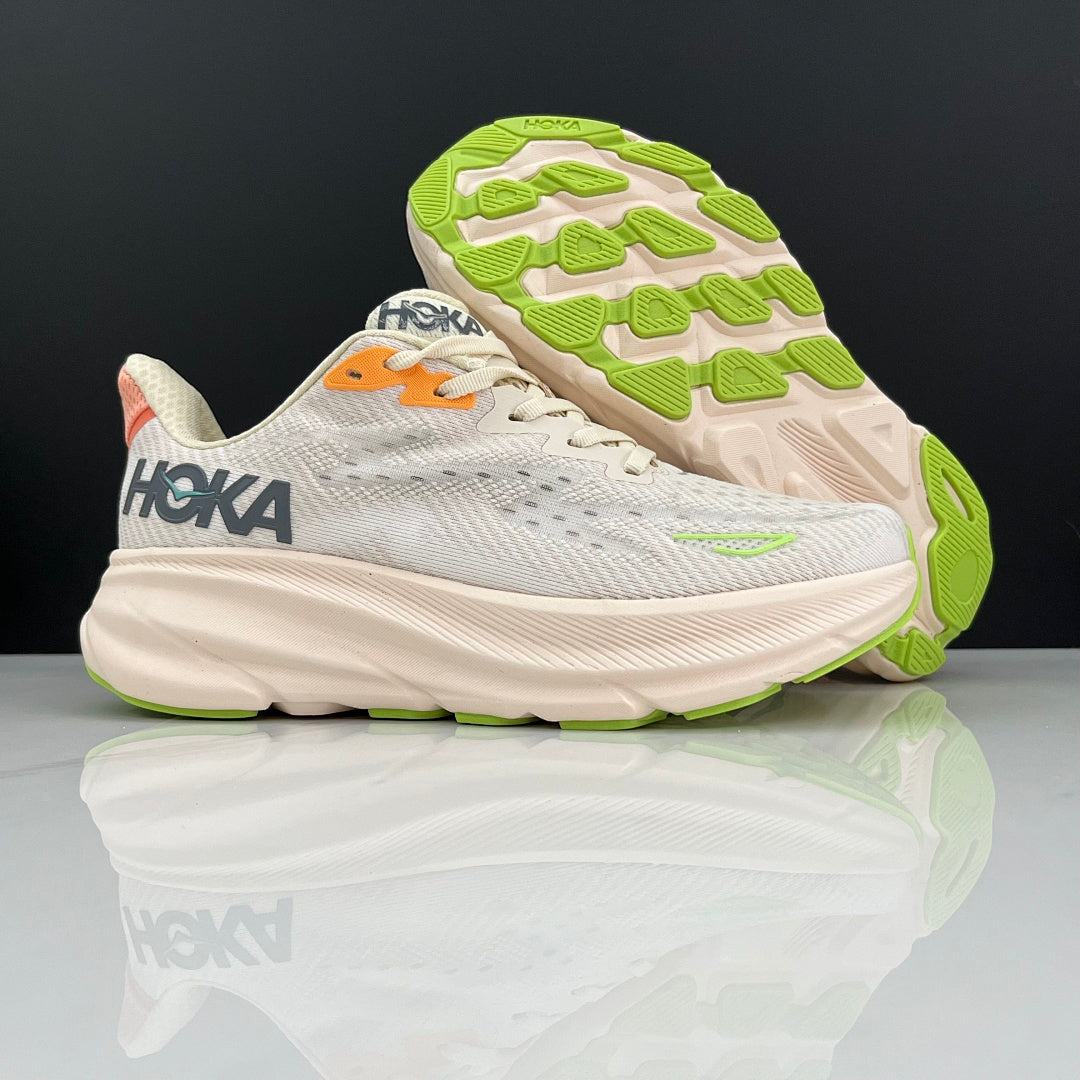 Cream and Green HOKA Clifton 9 Running Shoes - product image from the listing.
