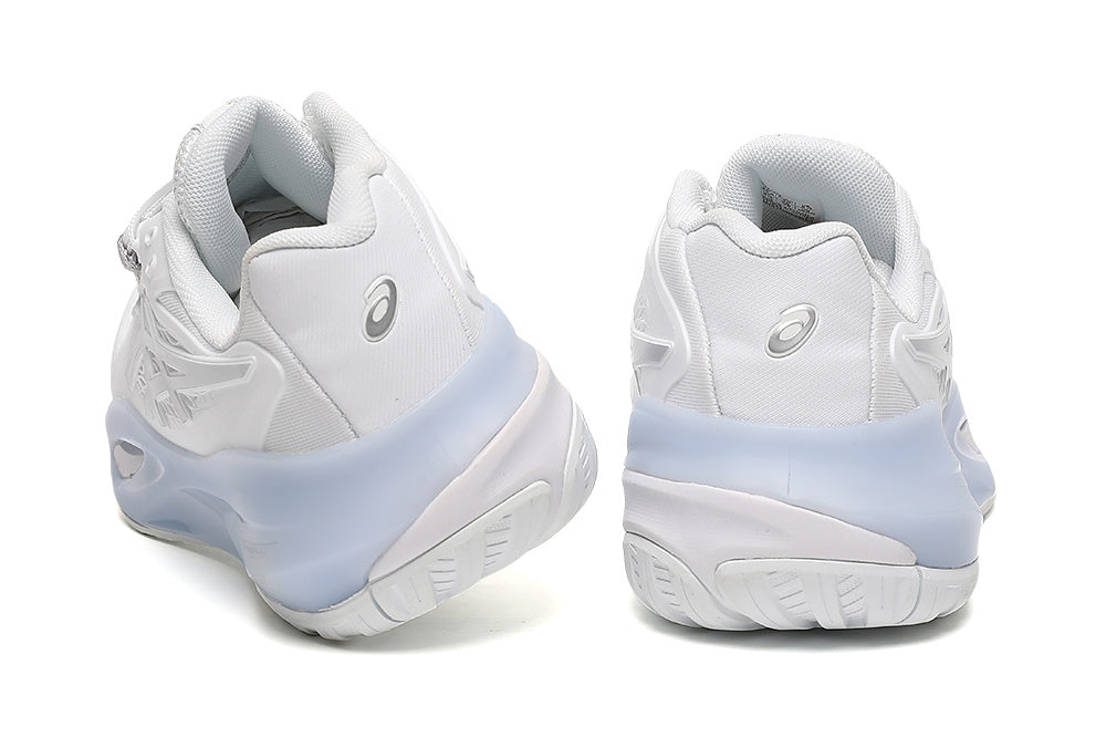 ASICS White and Silver Court Trainers with Pale Blue Midsole - product image from the listing.